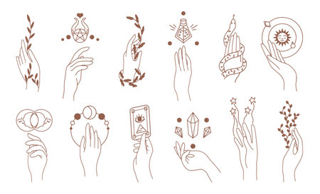 hands. Abstract hand drawn magic woman hands, doodle magic feminine symbols. Vector setのイラスト素材