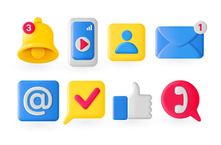 Plastic business icons. social network and media symbols, communication and speech bubble. Vector isolated setのイラスト素材