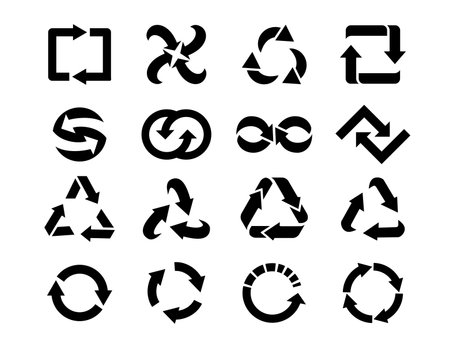 Recycling black icons. Silhouette shapes of reusable product circle arrows. Vector collectionのイラスト素材