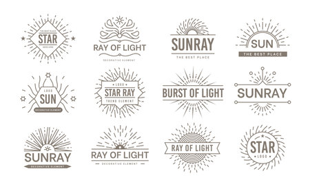 Line minimalistic emblems set with geometric outline sun rays.のイラスト素材