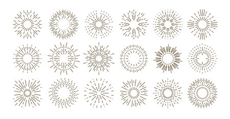 Outline vintage sun rays for boho minimalistic  abstract geometric design. Vector setのイラスト素材