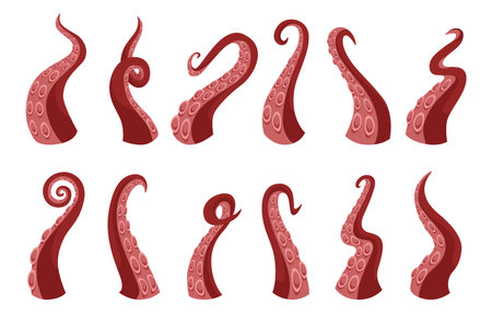 Cartoon tentacle. Octopus and squid underwater animal parts, monster Kraken arm. Vector isolated setのイラスト素材