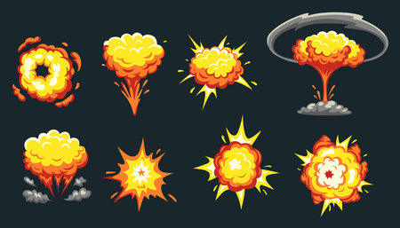 Cartoon explosion. Bomb and dynamite explode effect, gameplay element. Vector isolated setのイラスト素材