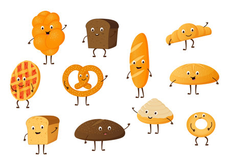 Bread characters. Cartoon bakery mascots with hands legs and funny faces for grocery and bakery. Vector setのイラスト素材