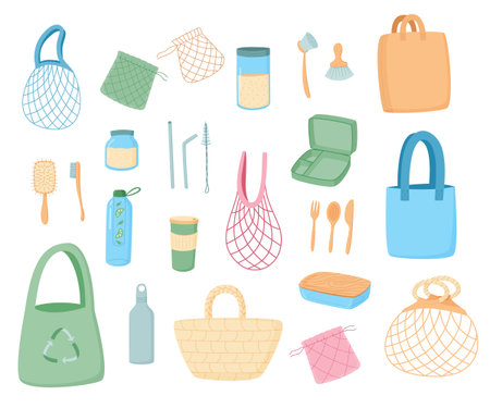 Reusable products. Cartoon zero waste package, food containers, water bottles and toothbrush. Vector setのイラスト素材