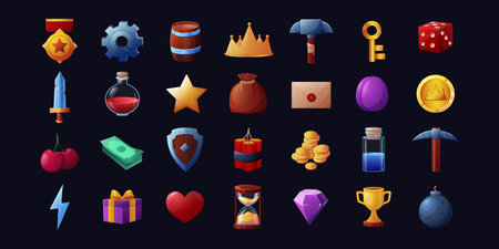 Game icon. Cartoon mobile casino game golden crown coin and cup, trophy and inventory vector setのイラスト素材