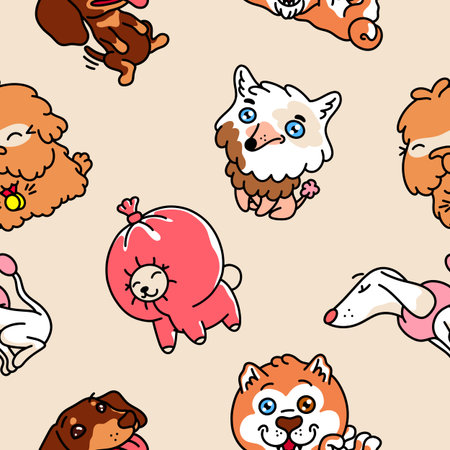 dog pattern. Seamless print with adorable abstract home pets with funny faces. Vector textureのイラスト素材