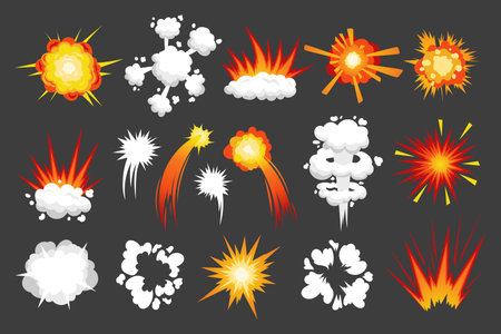 Cartoon strike effect. White hit impact and explosion comic effect. Vector sound wave and smoke isolated setのイラスト素材