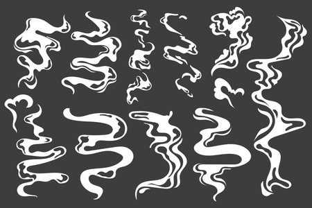 Steam vapor effect. Cartoon cigarette curly smoke, fog and steam comic design. Vector isolated setのイラスト素材