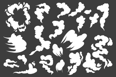 Cartoon smoke. Comic explosion, dust blow, puff and gas motion effect. Vector white air trail setのイラスト素材