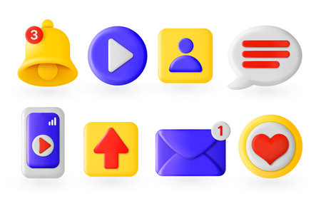 Social media plastic icons. speech bubble, bell navigation and contact icons. Vector glossy icon setのイラスト素材
