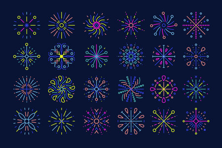 Line firework icons. Outline colorful flat celebration pyrotechnics pictograms. Vector setのイラスト素材