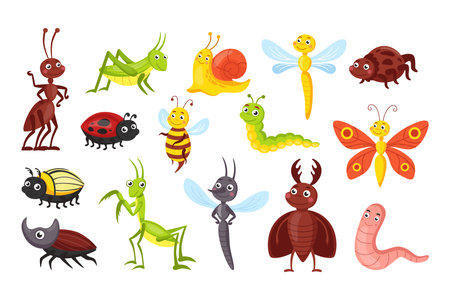 Cute bugs. Comic happy butterfly, ant and bee. Vector garden bug set with spider, wasp and dragonflyのイラスト素材