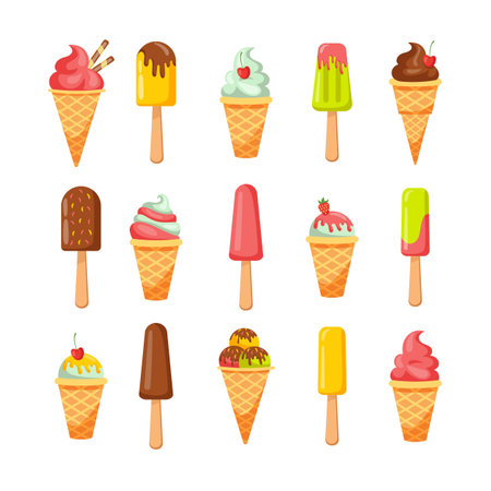 Ice cream. Cartoon summer milk ice cream. Vector isolated fun milk candy with chocolate, strawberry and yogurtのイラスト素材