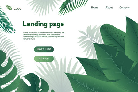 Exotic landing page. Web page with tropical foliage and botanical elements. Vector website templateのイラスト素材