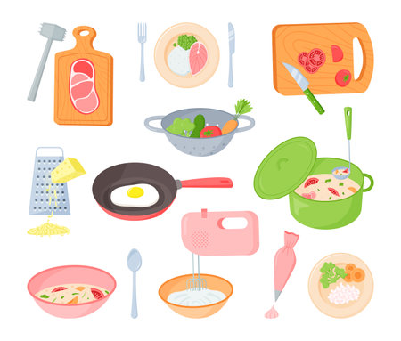 Cooking process. Cartoon kitchen tools and devices with chopped vegetables and meat in pots and pans. Vector setのイラスト素材