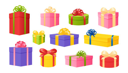 Present gift boxes. Design surprise to anniversary, birthday and . Vector cartoon illustration to cube surpriseのイラスト素材