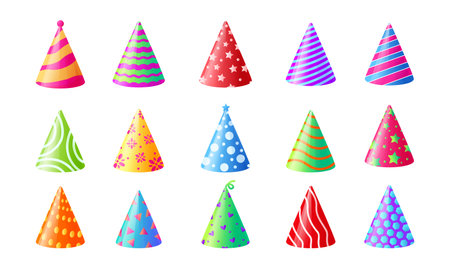 Birthday hat. Cartoon cone party hat with colorful prints, party celebration headwear. Vector setのイラスト素材