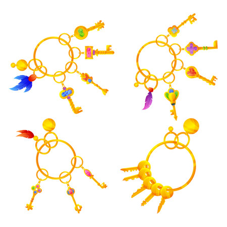 Cartoon keys. Doodle keys on ring with keychain. Vector draw keys iconのイラスト素材