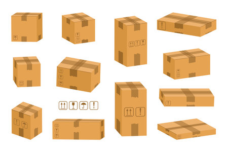 Cardboard package. Carton container for delivery cargo. Vector cartoon cardboard box isometric icon setのイラスト素材