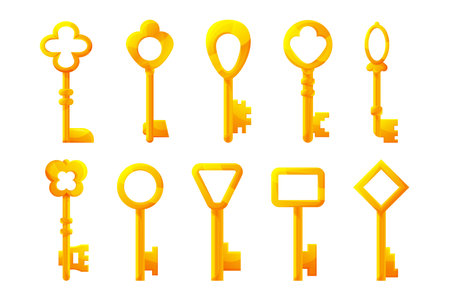 Cartoon keys. Metal golden and steel vintage keys collection. Vector security tool illustrationのイラスト素材
