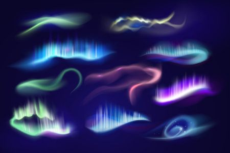 Northern aurora. Arctic isolated polar light set. Vector transparent background electric nordic galaxy gradientのイラスト素材