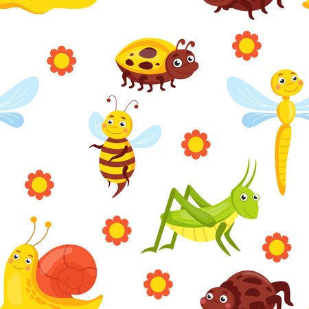 Insect background. Pretty simple cute insect seamless. Vector elegant flat texture with fun bugsのイラスト素材