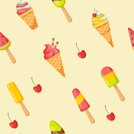 Ice cream background. Sugar dessert cute cartoon pattern. Vector colorful wallpaper with sweet ice creamのイラスト素材