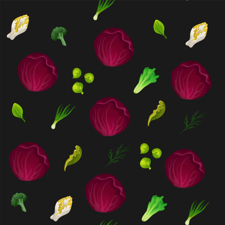 Salad leaves pattern. Seamless print with fresh green organic food from farm. Vector textureのイラスト素材
