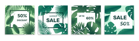 Exotic sale banner. Discount cards with tropical plants and palm leaves, botanical decoration. Vector setのイラスト素材
