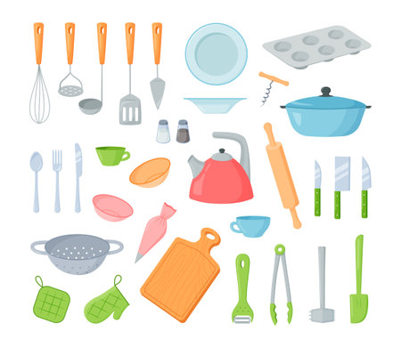 Kitchen utensils. Cartoon cooking tools and kitchen utensils, dishes cups pans pots and knives. Vector setのイラスト素材