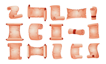 Parchment scrolls. Old medieval paper roll document. Vector isolated antique papyrus ribbon setのイラスト素材