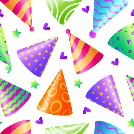Birthday hat pattern. Seamless print with colorful party celebration head wear. Vector textureのイラスト素材