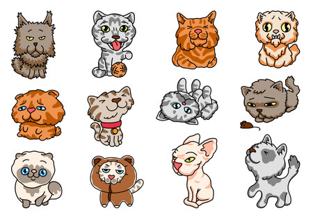 Cute abstract kittens. , minimalistic doodle home pets, adorable kitties. Vector setのイラスト素材