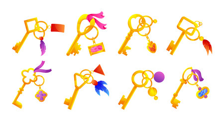 Keys with trinkets. Cartoon golden and steel keys with tags, vintage key collection. Vector setのイラスト素材