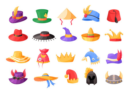 Funny cartoon hats. Vintage and fantasy masquerade head clothes. Vector retro headwearのイラスト素材