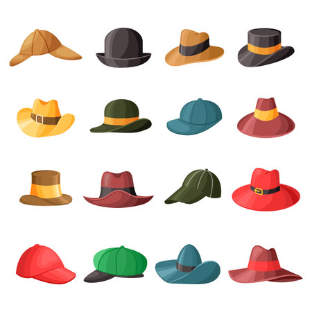 Cartoon male hat. Mans holiday and casual headwear, retro an modern cap. Vector fashion setのイラスト素材