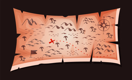 Old map of treasures. Cartoon drawing of discovery element to paper. Vector parchment geography treasure of skullのイラスト素材