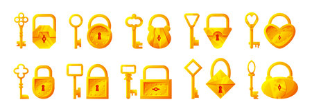 Keys and locks. Cartoon vintage golden bronze and steel secure store tools. Vector setのイラスト素材