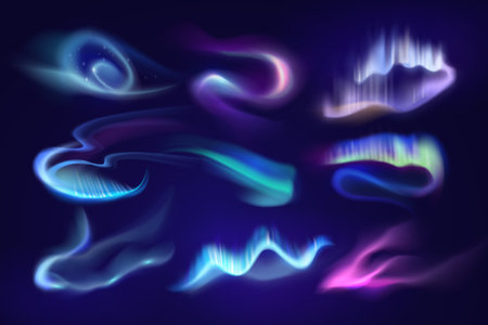 Realistic sky lights. Northern night glow. Vector polar radiation antarctic textureのイラスト素材