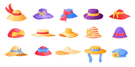 Cartoon female hat. Retro fashion headwear, modern elegant clothes. Vector hat collectionのイラスト素材