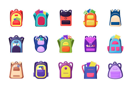School backpack. Full study elements. Vector college or satchel , textbook, pen and rulesのイラスト素材