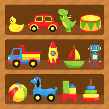 Kid toy shelf. Cartoon funny baby play shop. Vector flat graphic element of kids toys collectionのイラスト素材