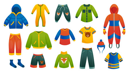 Boy clothes. Kid casual male clothes. Vector boy fashion jacket and shorts youth setのイラスト素材