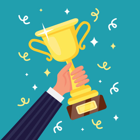 First place prize. Champion trophy with hand. Vector win award standard illustrationのイラスト素材
