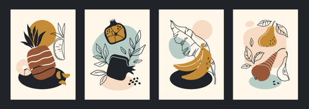 Abstract fruits and leaves. Trendy doodle minimalistic organic shapes. Vector setのイラスト素材