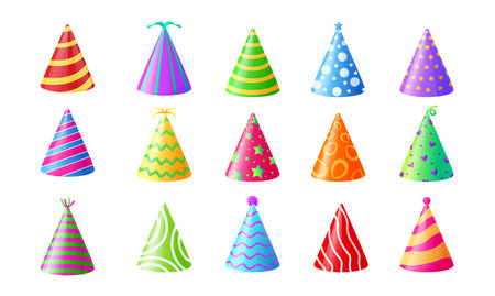 Party hats. Colorful birthday celebration colorful hat collection. Vector isolated collectionのイラスト素材