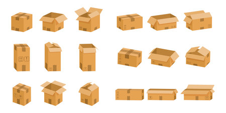 Carton boxes. Open and closed cardboard objects. Vector paper parcel for post deliveryのイラスト素材