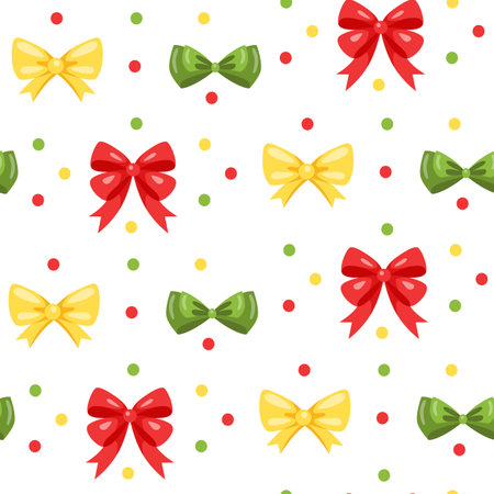 Bow tie pattern. Seamless cartoon colorful dress accessory, bent ribbon bow for birthday present. Vector textureのイラスト素材