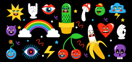 Psychedelic sticker. Cartoon trendy funny abstract pop elements. Vector creative abstract comic graphic fun emoji symbolのイラスト素材